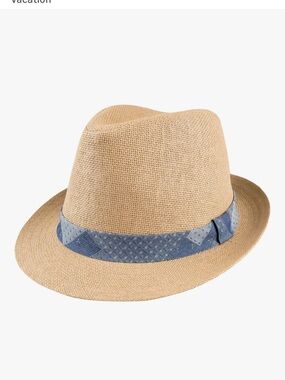 Straw Fedora with Blue Patchwork Band